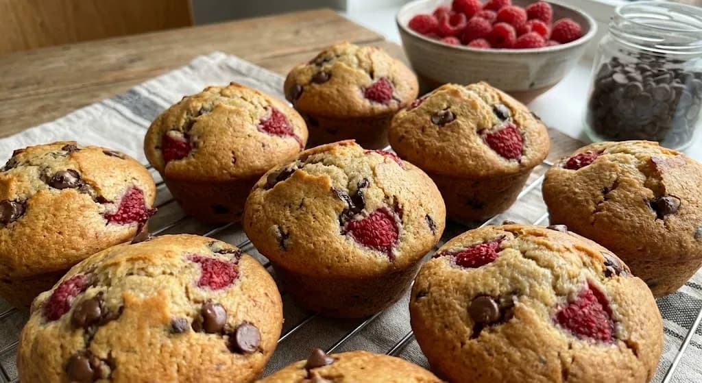 Muffins aux bananes, framboises et pépites de chocolat